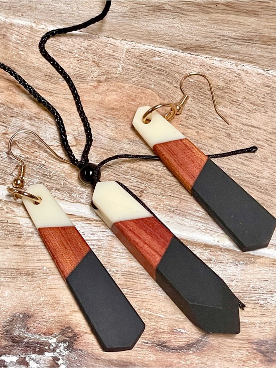 Elegantique Jewelry - Handmade Tri-Tone Geometric Drop Earrings and Necklace in Cream, Wood & Black.